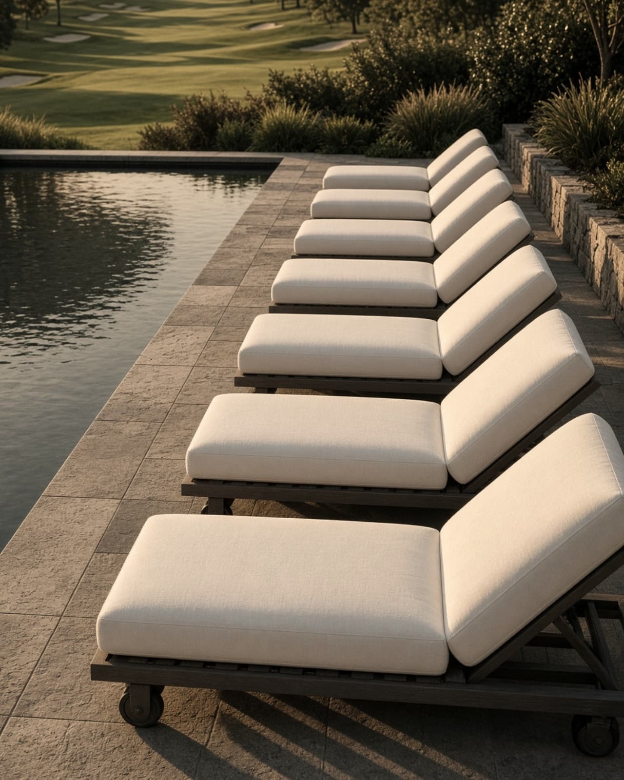 A club pool deck at a distance, loungers waiting